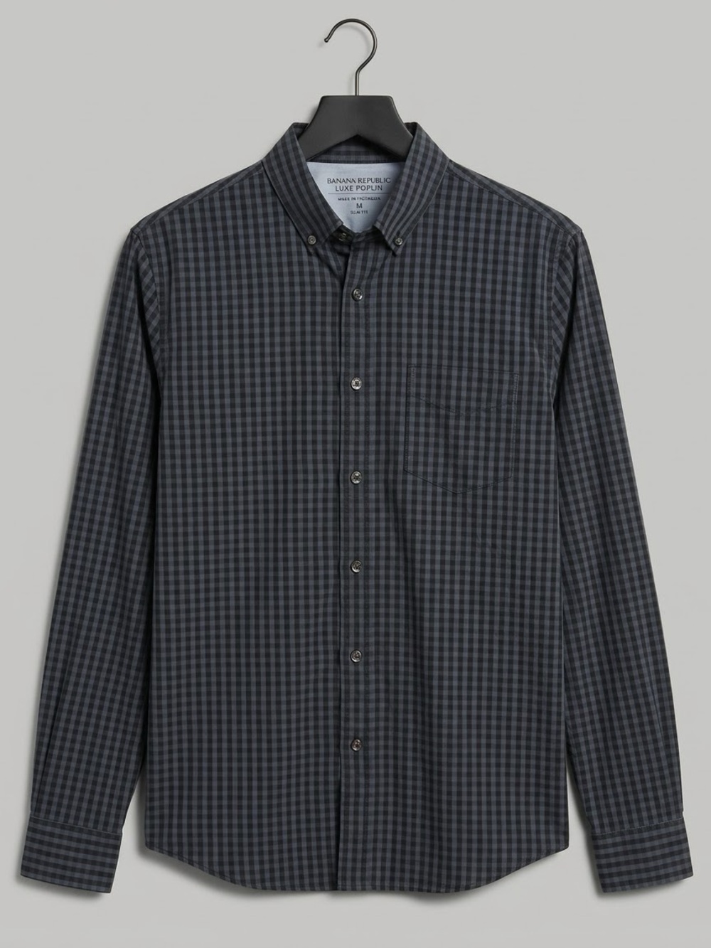 Banana Republic Luxe Poplin Shirt Mens Medium Slim Fit Dark Navy Gingham Plaid